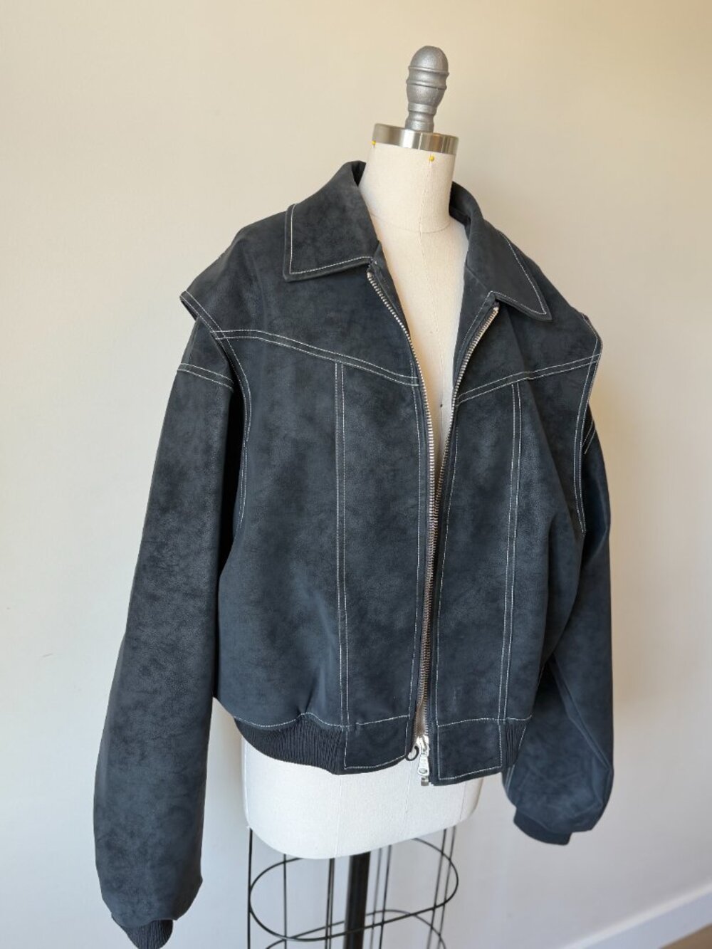 Lioness Vista Bomber Jacket Medium | Black Faux Suede Moto | Contrast Stitch - Picture 3 of 7